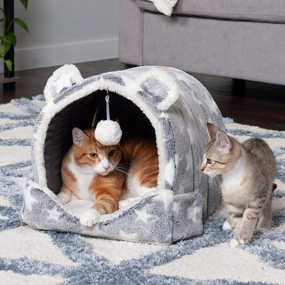 Cat Bed Cave for Indoor Cats & Small Dogs, Washable & Foldable W/ Plush Ball Toy - Cozy Cave-Bear Pet Tent - Silver Stars, Small